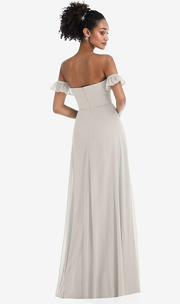 Back View - Oyster Off-the-Shoulder Ruffle Cuff Sleeve Chiffon Maxi Dress