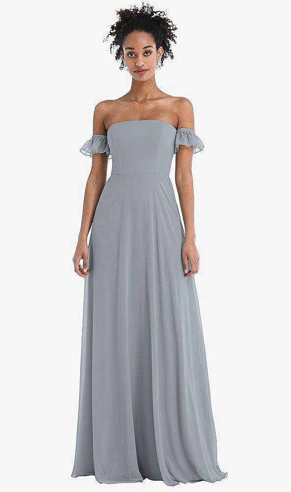 Front View - Platinum Off-the-Shoulder Ruffle Cuff Sleeve Chiffon Maxi Dress