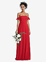 Alt View 1 Thumbnail - Parisian Red Off-the-Shoulder Ruffle Cuff Sleeve Chiffon Maxi Dress