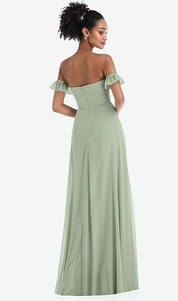 Back View - Sage Off-the-Shoulder Ruffle Cuff Sleeve Chiffon Maxi Dress