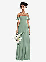 Alt View 1 Thumbnail - Seagrass Off-the-Shoulder Ruffle Cuff Sleeve Chiffon Maxi Dress