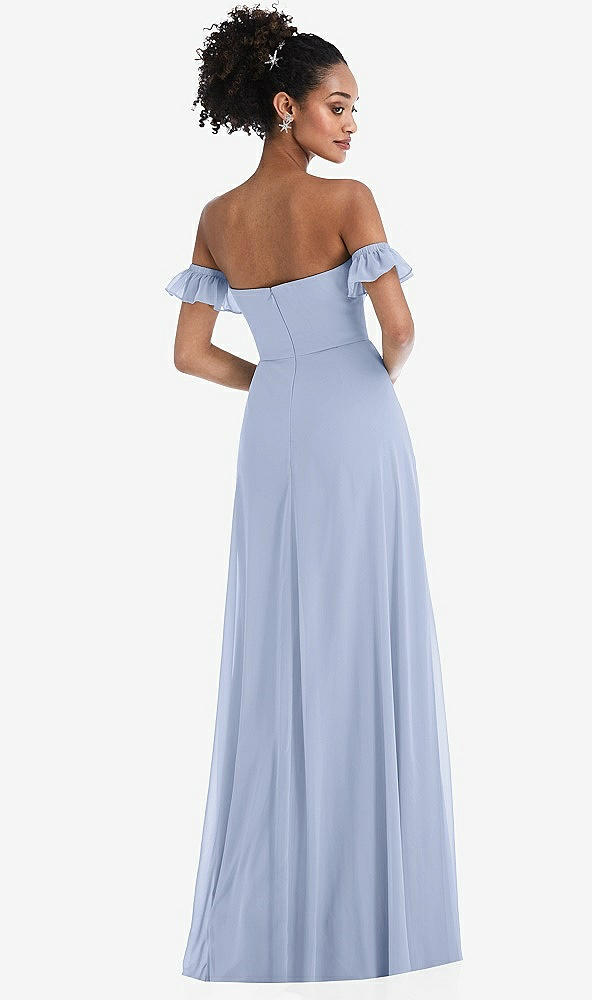 Back View - Sky Blue Off-the-Shoulder Ruffle Cuff Sleeve Chiffon Maxi Dress