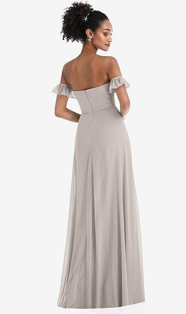 Back View - Taupe Off-the-Shoulder Ruffle Cuff Sleeve Chiffon Maxi Dress