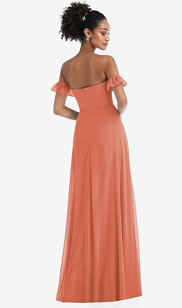 Back View - Terracotta Copper Off-the-Shoulder Ruffle Cuff Sleeve Chiffon Maxi Dress