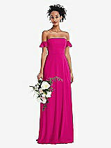 Alt View 1 Thumbnail - Think Pink Off-the-Shoulder Ruffle Cuff Sleeve Chiffon Maxi Dress