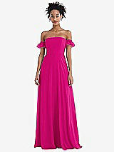 Front View Thumbnail - Think Pink Off-the-Shoulder Ruffle Cuff Sleeve Chiffon Maxi Dress