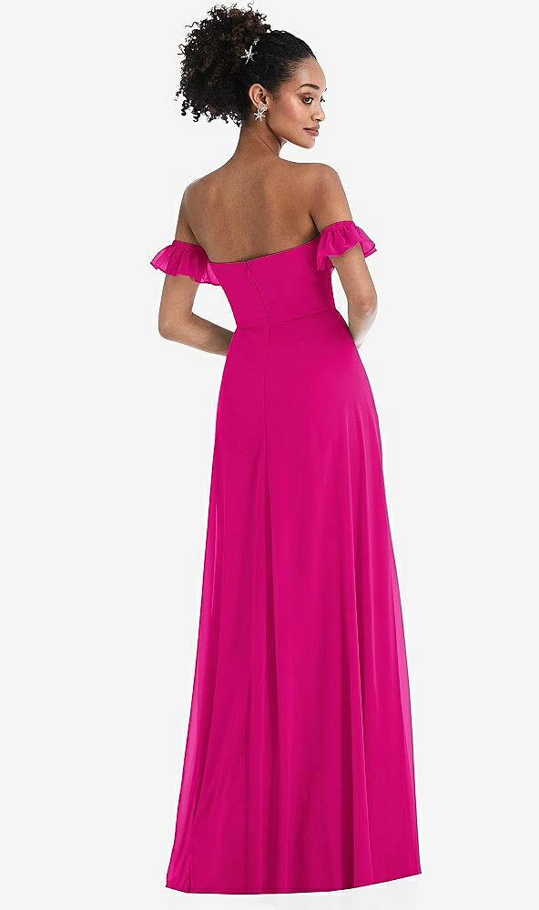 Back View - Think Pink Off-the-Shoulder Ruffle Cuff Sleeve Chiffon Maxi Dress