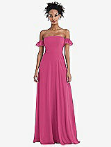 Front View Thumbnail - Tea Rose Off-the-Shoulder Ruffle Cuff Sleeve Chiffon Maxi Dress