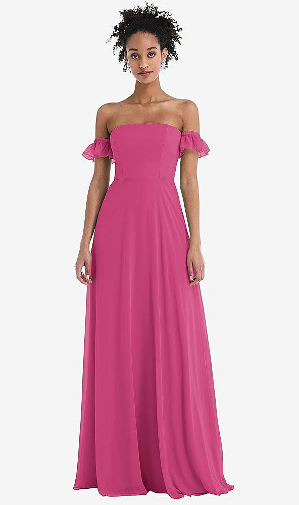 Front View - Tea Rose Off-the-Shoulder Ruffle Cuff Sleeve Chiffon Maxi Dress