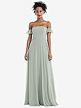 Front View Thumbnail - Willow Green Off-the-Shoulder Ruffle Cuff Sleeve Chiffon Maxi Dress