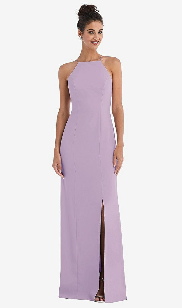 Front View - Pale Purple Open-Back High-Neck Halter Trumpet Gown