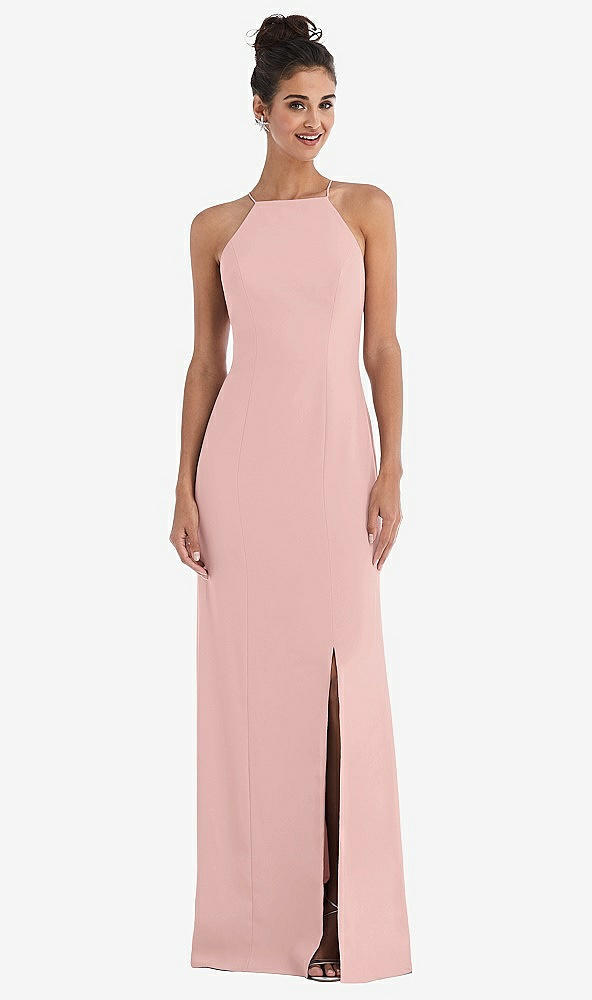 Front View - Rose - PANTONE Rose Quartz Open-Back High-Neck Halter Trumpet Gown