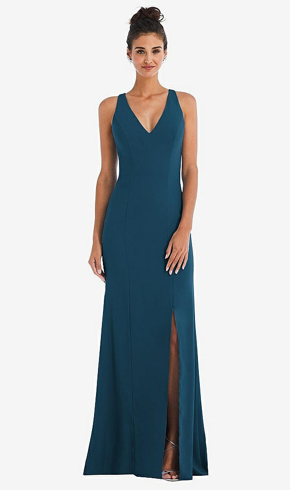 Back View - Atlantic Blue Criss-Cross Cutout Back Maxi Dress with Front Slit