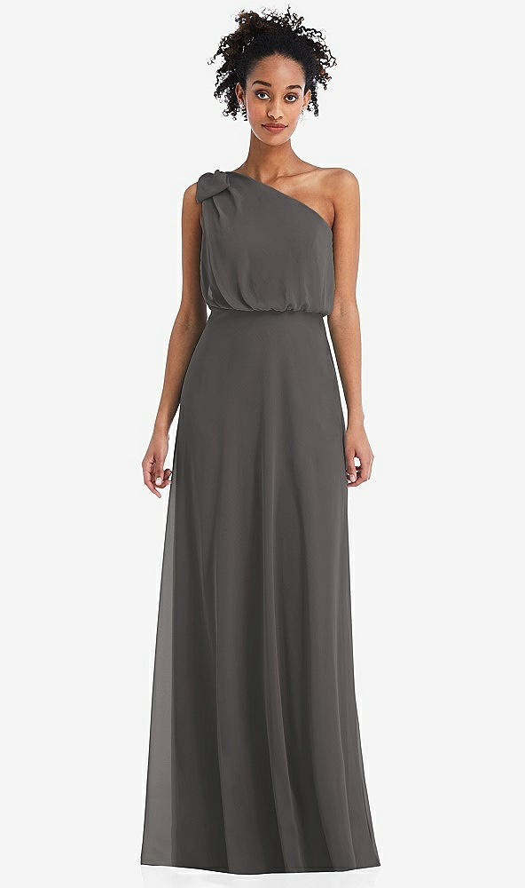 Front View - Caviar Gray One-Shoulder Bow Blouson Bodice Maxi Dress