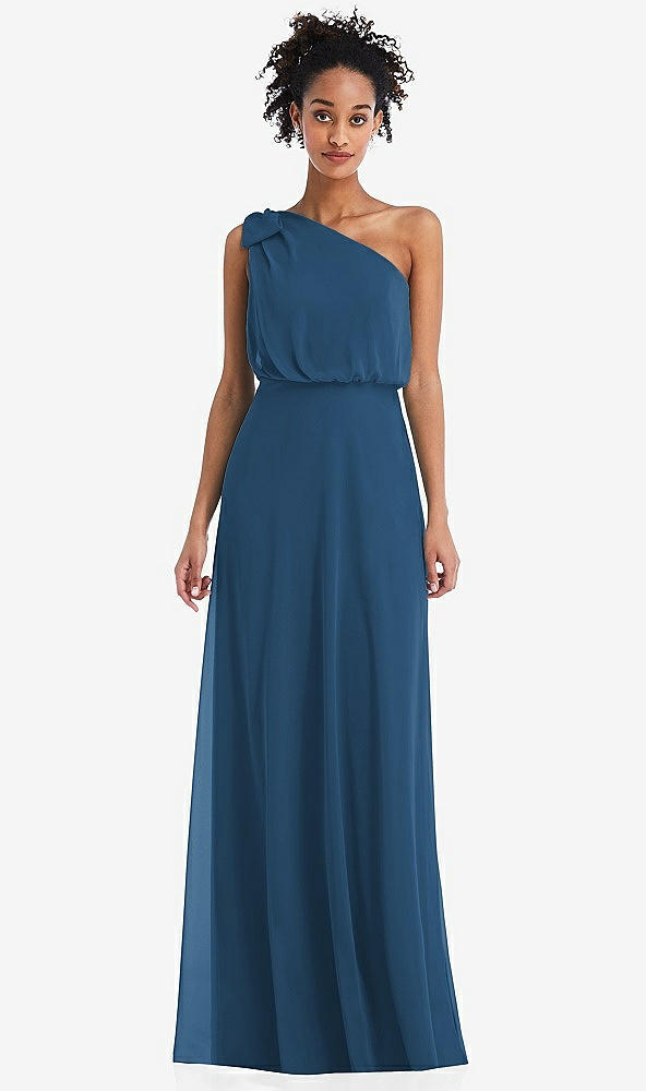 Front View - Dusk Blue One-Shoulder Bow Blouson Bodice Maxi Dress