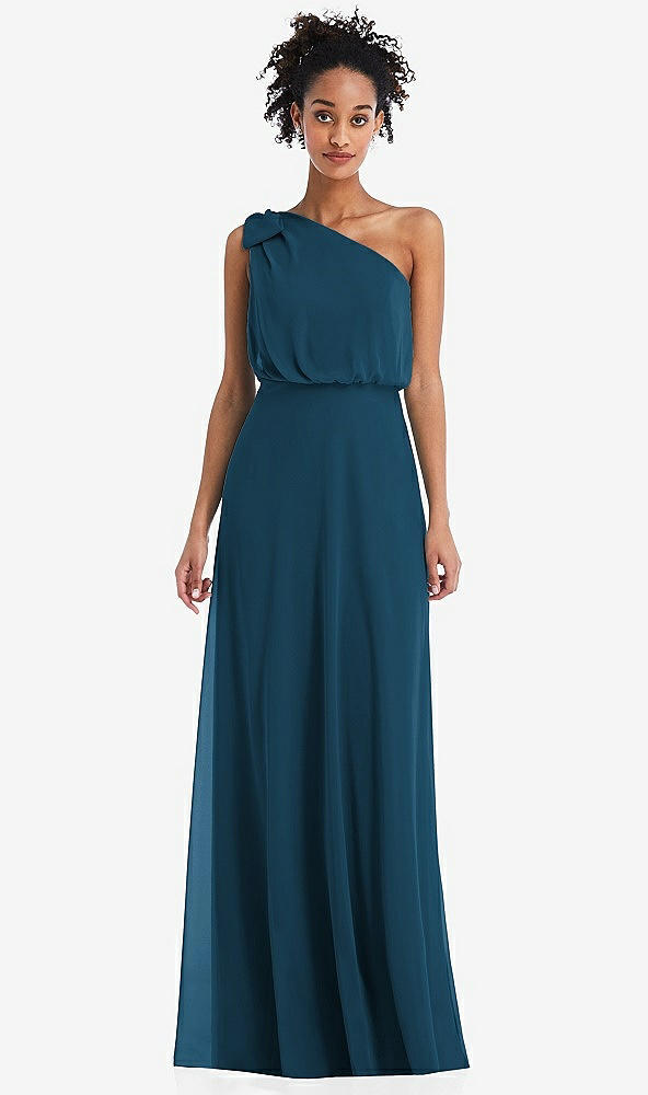 Front View - Atlantic Blue One-Shoulder Bow Blouson Bodice Maxi Dress