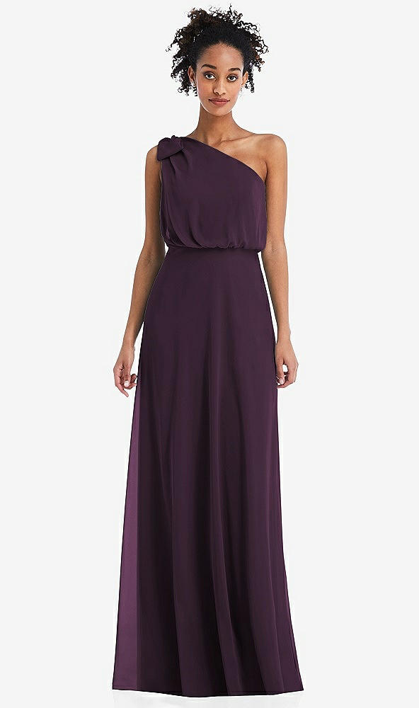 Front View - Aubergine One-Shoulder Bow Blouson Bodice Maxi Dress