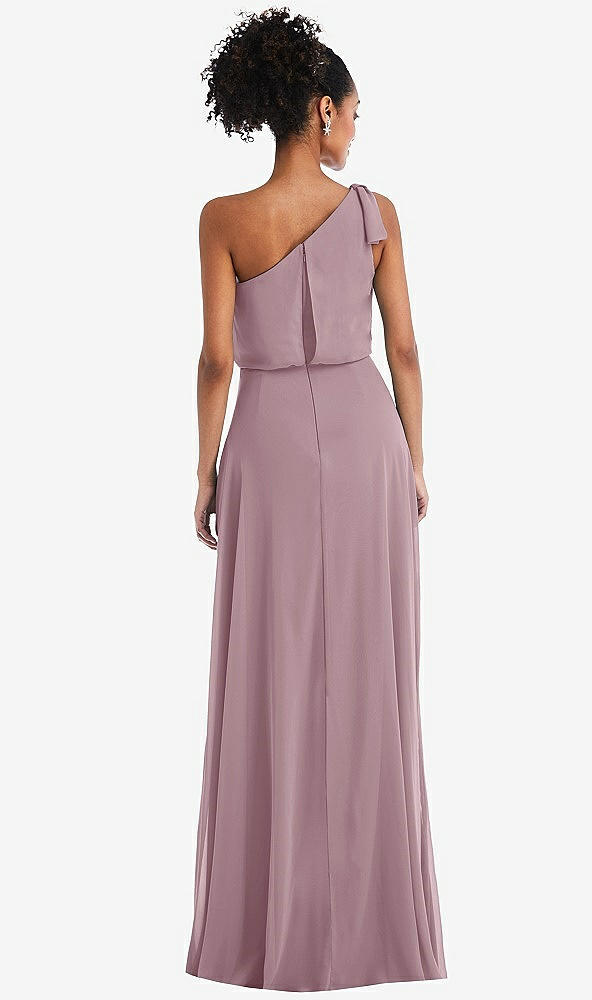 Back View - Dusty Rose One-Shoulder Bow Blouson Bodice Maxi Dress