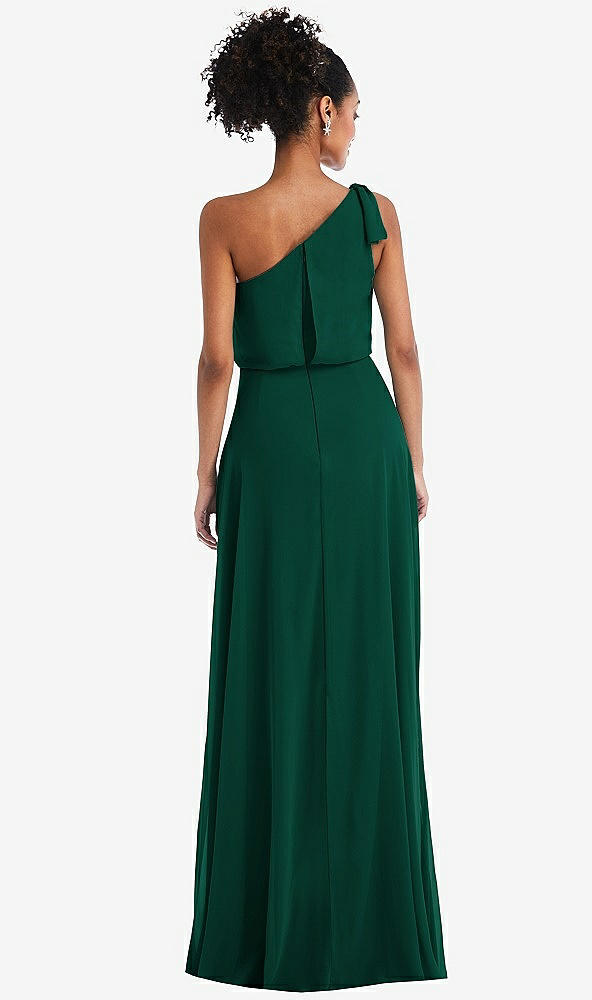 Back View - Hunter Green One-Shoulder Bow Blouson Bodice Maxi Dress