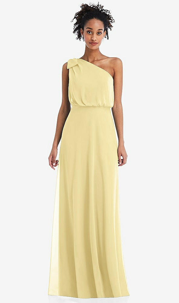 Front View - Pale Yellow One-Shoulder Bow Blouson Bodice Maxi Dress