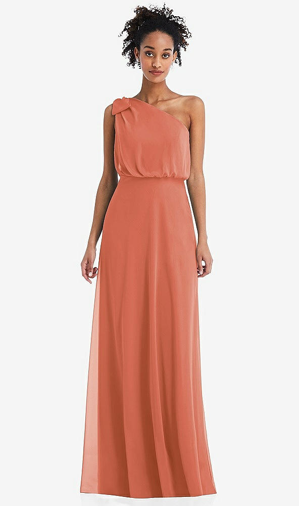 Front View - Terracotta Copper One-Shoulder Bow Blouson Bodice Maxi Dress