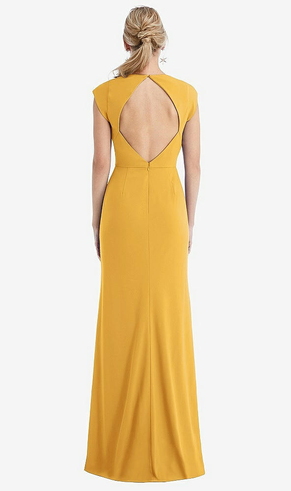 Back View - NYC Yellow Cap Sleeve Open-Back Trumpet Gown with Front Slit