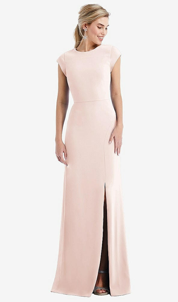 Front View - Blush Cap Sleeve Open-Back Trumpet Gown with Front Slit