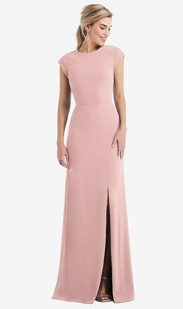 Front View - Rose Cap Sleeve Open-Back Trumpet Gown with Front Slit