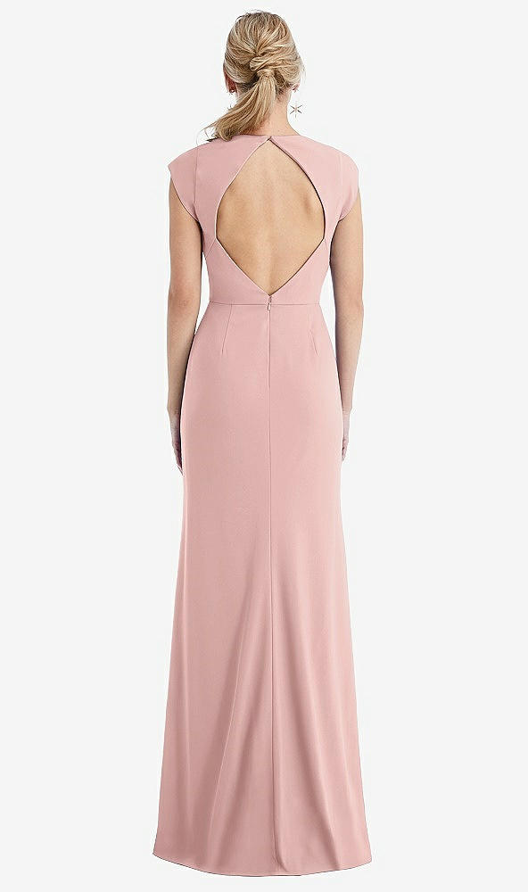 Back View - Rose Cap Sleeve Open-Back Trumpet Gown with Front Slit