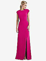 Front View Thumbnail - Think Pink Cap Sleeve Open-Back Trumpet Gown with Front Slit