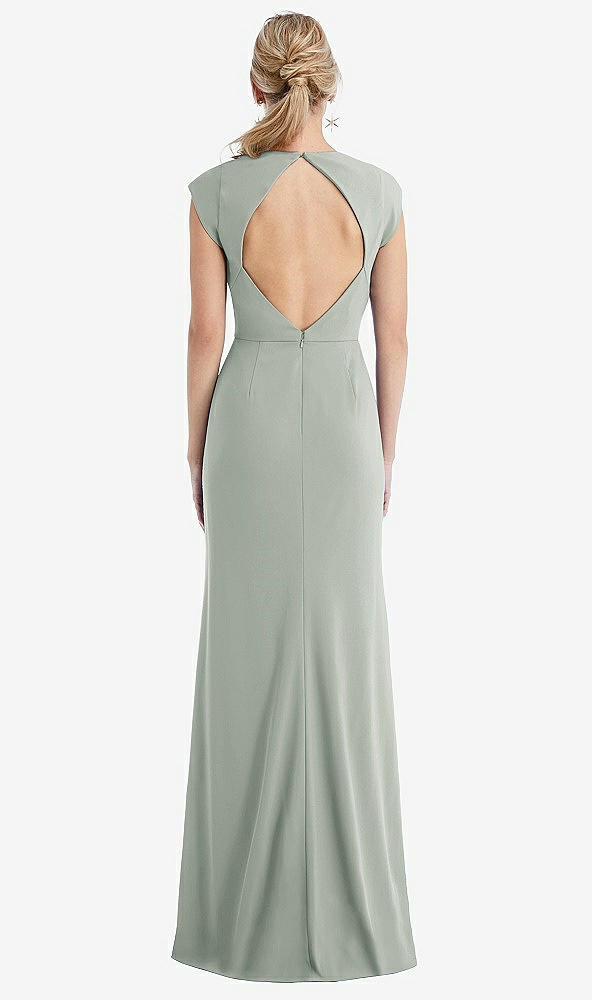 Back View - Willow Green Cap Sleeve Open-Back Trumpet Gown with Front Slit