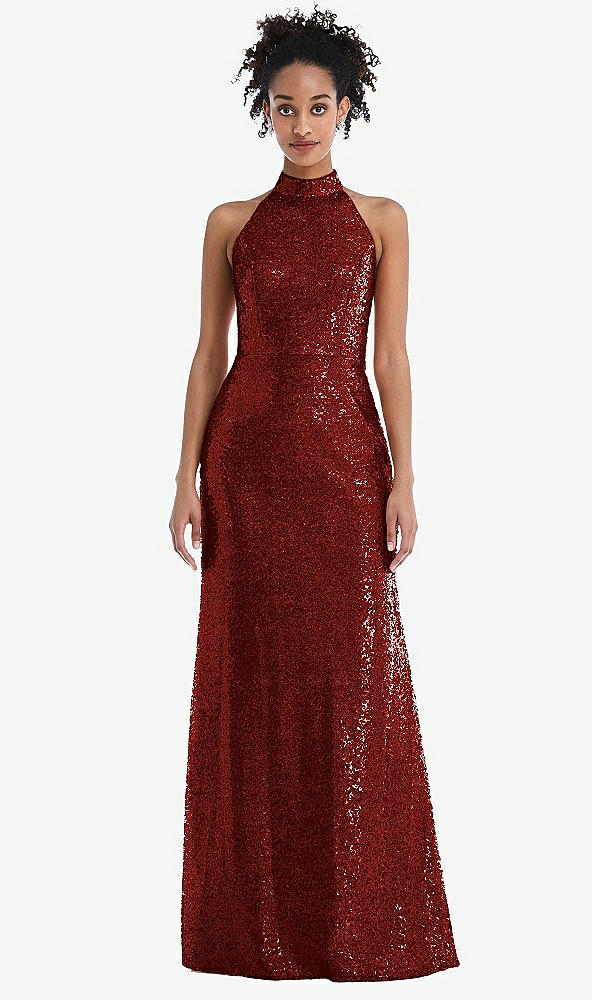 Front View - Burgundy Stand Collar Halter Sequin Trumpet Gown