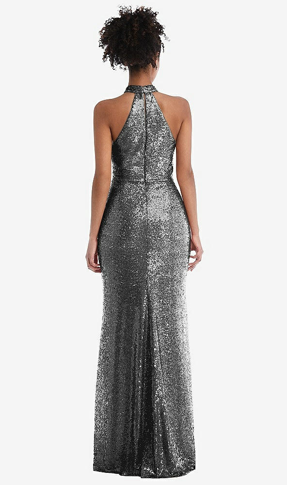 Back View - Stardust Stand Collar Halter Sequin Trumpet Gown