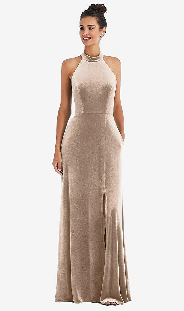 Front View - Topaz High-Neck Halter Velvet Maxi Dress with Front Slit