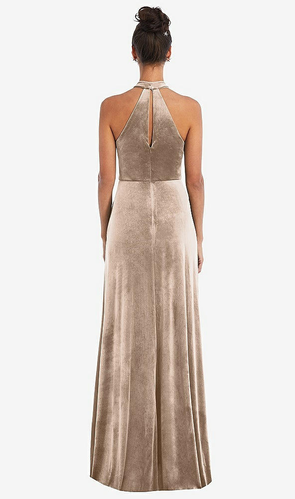 Back View - Topaz High-Neck Halter Velvet Maxi Dress with Front Slit