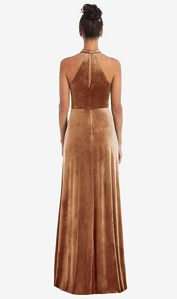 Back View - Golden Almond High-Neck Halter Velvet Maxi Dress with Front Slit