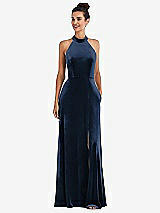 Front View Thumbnail - Midnight Navy High-Neck Halter Velvet Maxi Dress with Front Slit