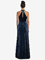 Rear View Thumbnail - Midnight Navy High-Neck Halter Velvet Maxi Dress with Front Slit