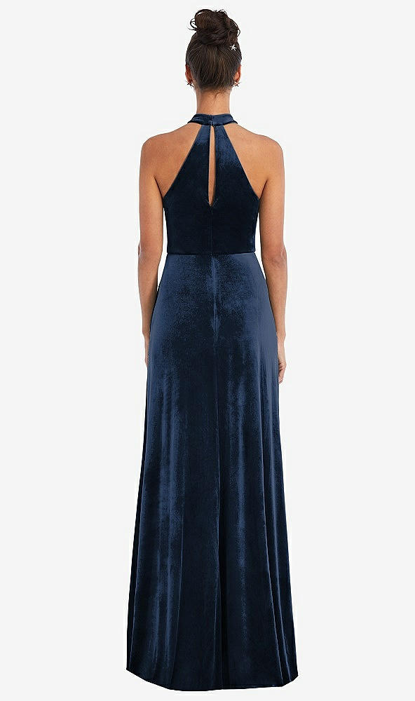 Back View - Midnight Navy High-Neck Halter Velvet Maxi Dress with Front Slit