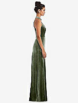 Side View Thumbnail - Sage High-Neck Halter Velvet Maxi Dress with Front Slit