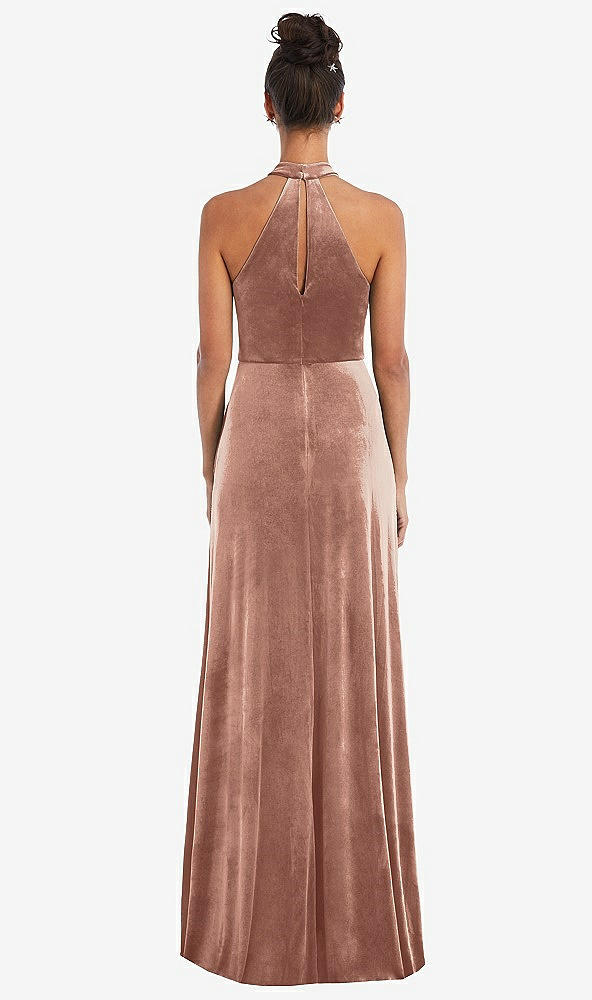 Back View - Tawny Rose High-Neck Halter Velvet Maxi Dress with Front Slit