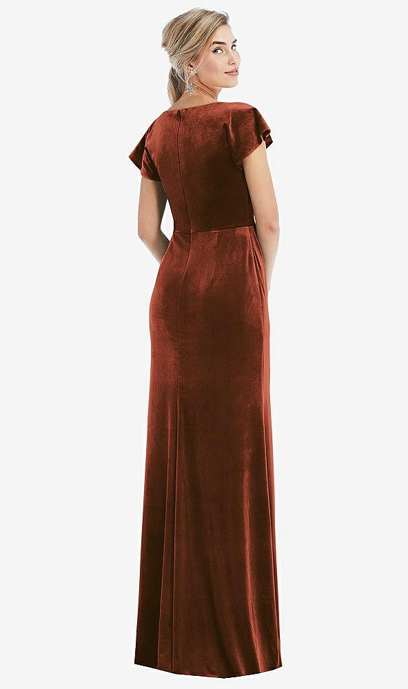 Back View - Auburn Moon Flutter Sleeve Wrap Bodice Velvet Maxi Dress with Pockets