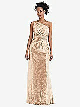 Front View Thumbnail - Rose Gold One-Shoulder Draped Sequin Maxi Dress