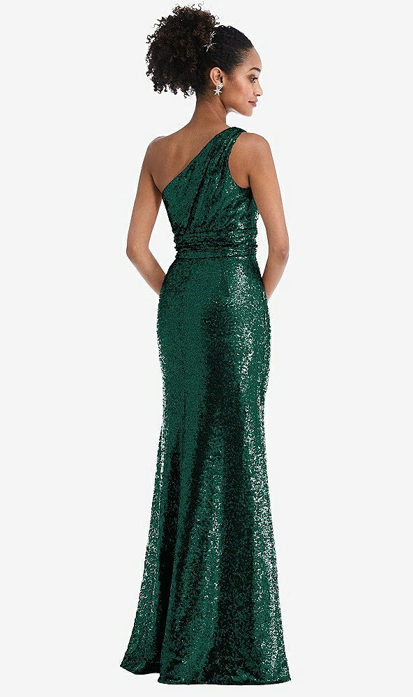 Back View - Hunter Green One-Shoulder Draped Sequin Maxi Dress