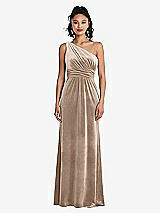 Front View Thumbnail - Topaz One-Shoulder Draped Velvet Maxi Dress