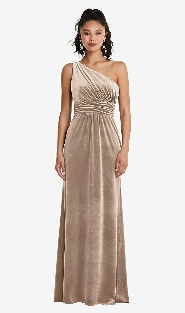 Front View - Topaz One-Shoulder Draped Velvet Maxi Dress