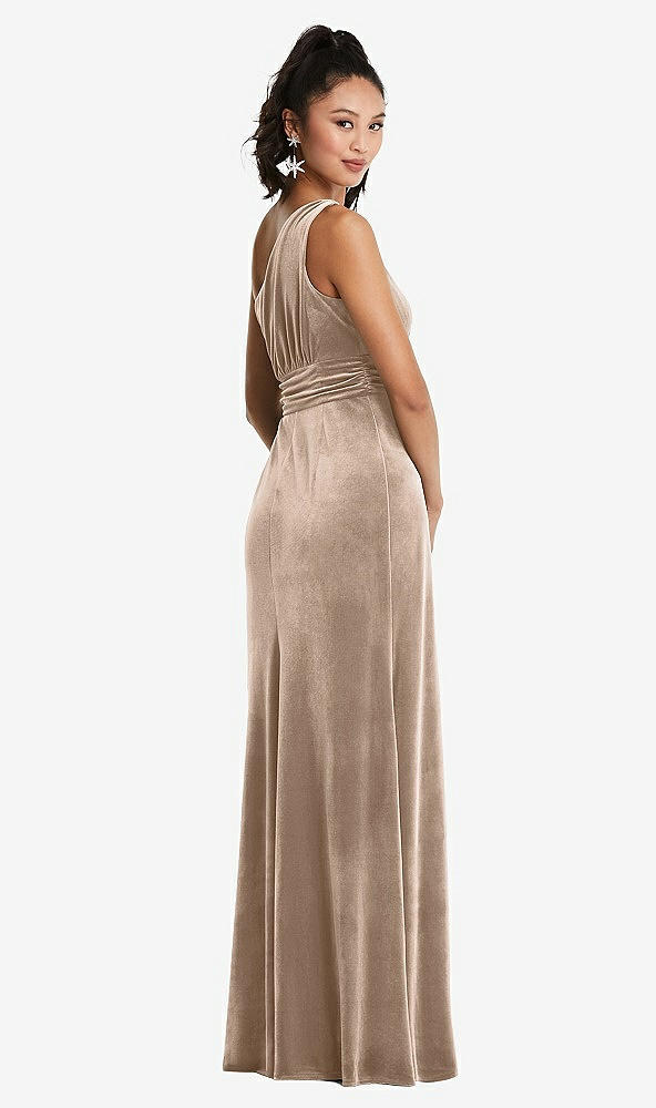 Back View - Topaz One-Shoulder Draped Velvet Maxi Dress