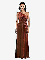 Front View Thumbnail - Auburn Moon One-Shoulder Draped Velvet Maxi Dress