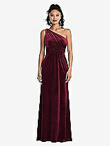 Front View Thumbnail - Cabernet One-Shoulder Draped Velvet Maxi Dress