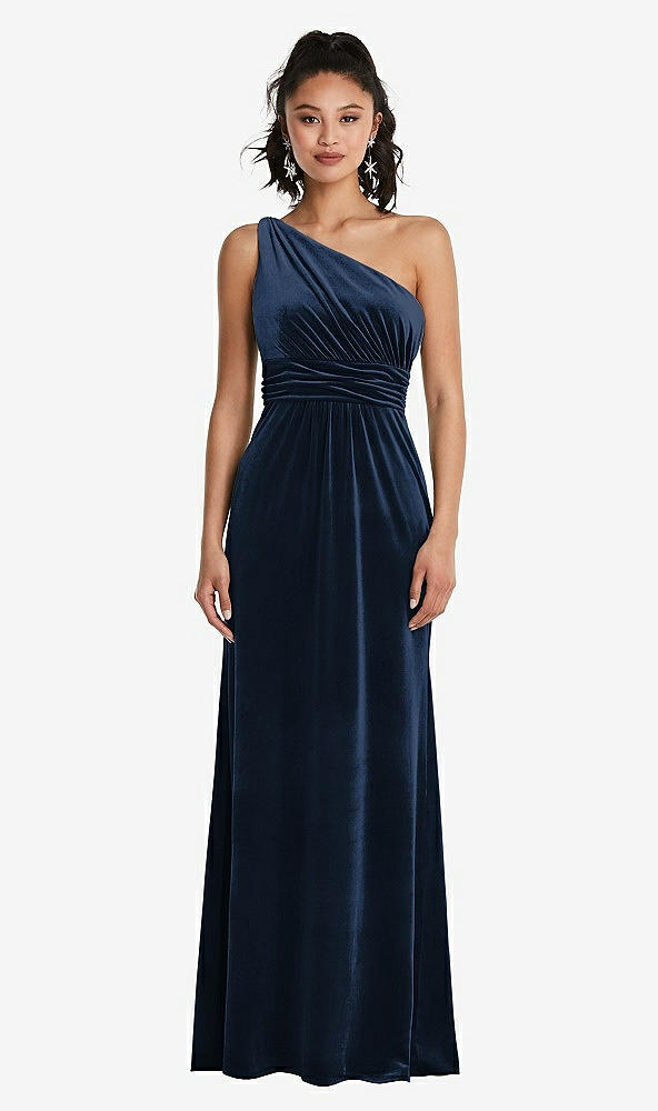 Front View - Midnight Navy One-Shoulder Draped Velvet Maxi Dress